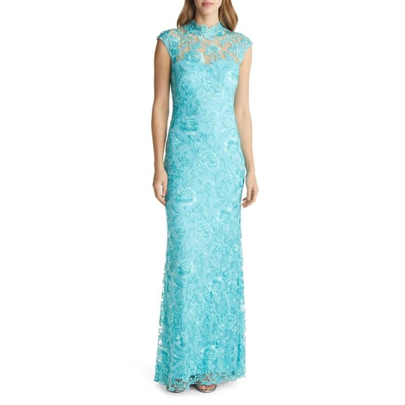 TADASHI SHOJI Embroidered Sheer Lace Mock Neck Gown Aqua 2 NEW - Picture 2 of 13